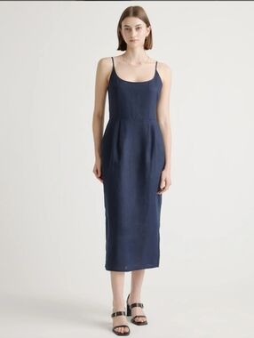 Quince 100% European Linen Scoop Neck Midi Deep Navy Dress Size Large